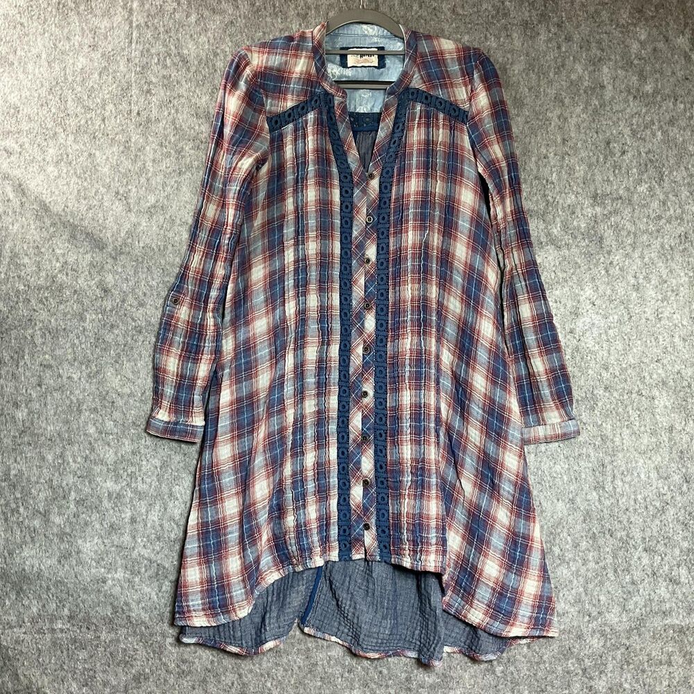 Holding Horses Dress Womens XS Red Blue Plaid Boho Eyelet Trim Anthropologie